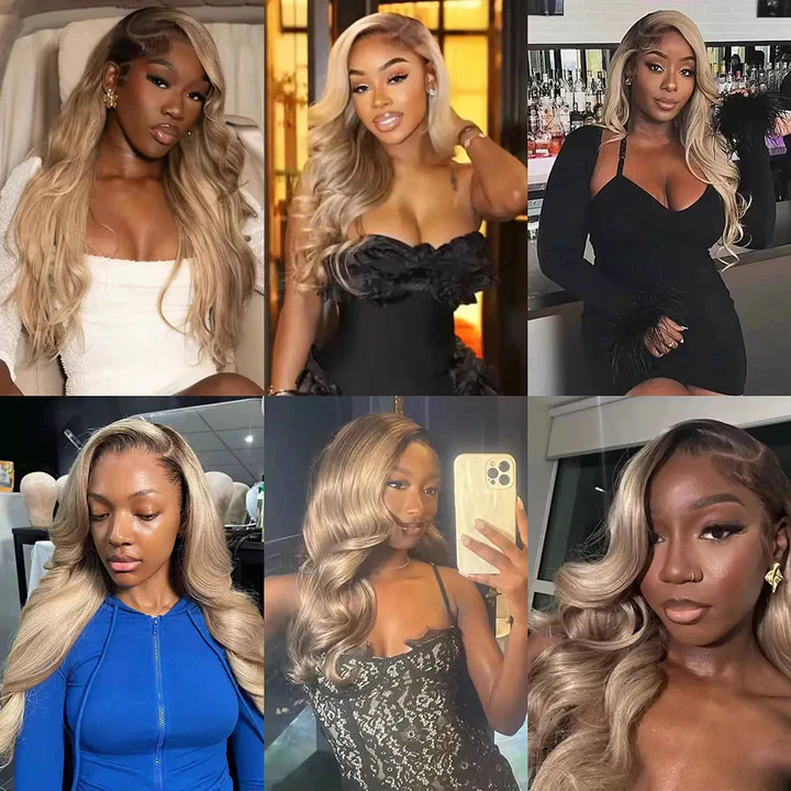 Lumiere Root4/Ash Blonde Body Wave Glueless Wig 13x4 Lace Front Human Hair Wigs 200% Density (#1B Colored)