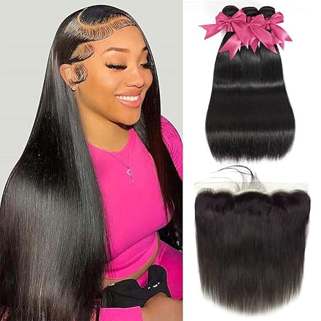 (B1) Brazilian Straight 3 Bundles With 13x4 Frontal 30 40 Inch Remy Hair Extension