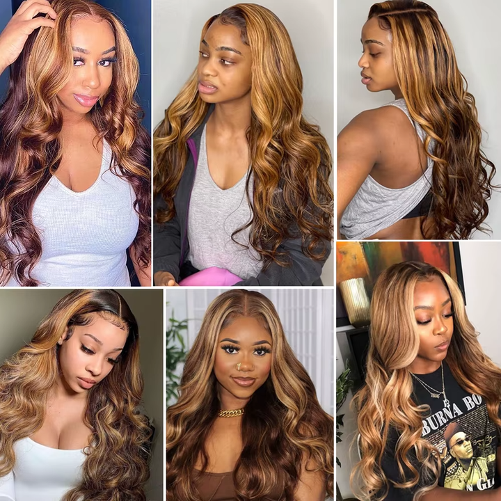 Lumiere 13x4 Body Wave Highlight Lace Front Wig Human Hair P4/27 Colored Wigs Honey Blonde Wigs (No Code Need)