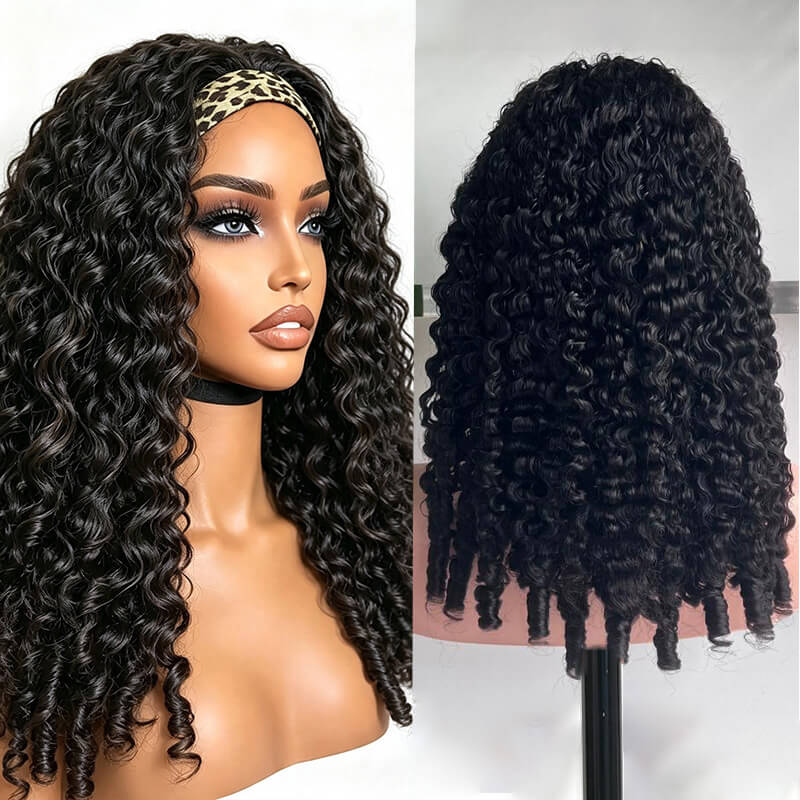 Beginner Friendly Burmese Curly Headband Wig Human Hair  Wear and Go Glueless Wigs 250% Density