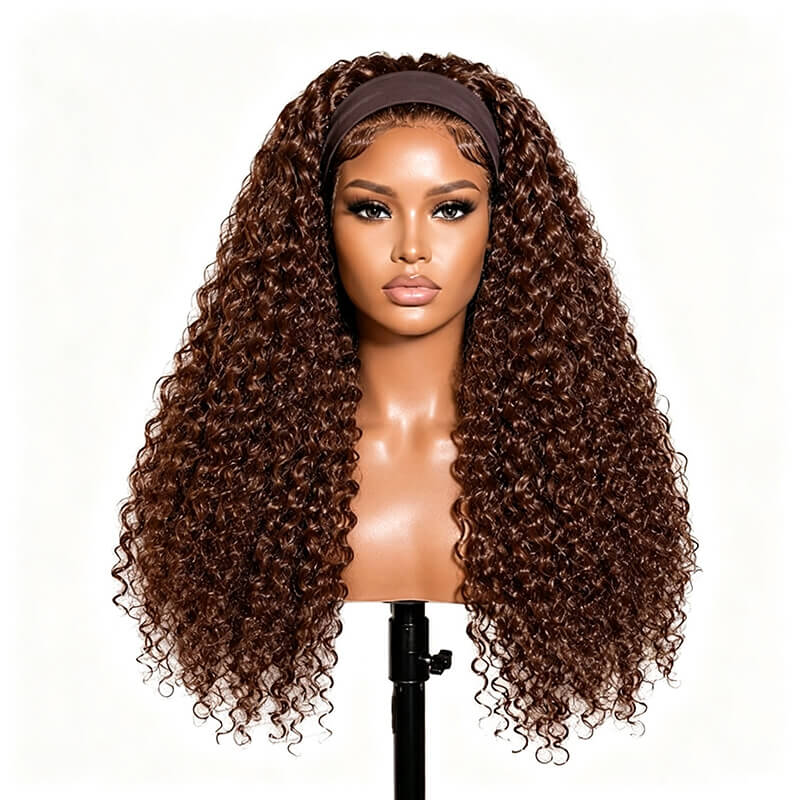 Chocolate Brown Water Wave Headband Wigs Human Hair for Women None Lace No Glue Beginner Friendly