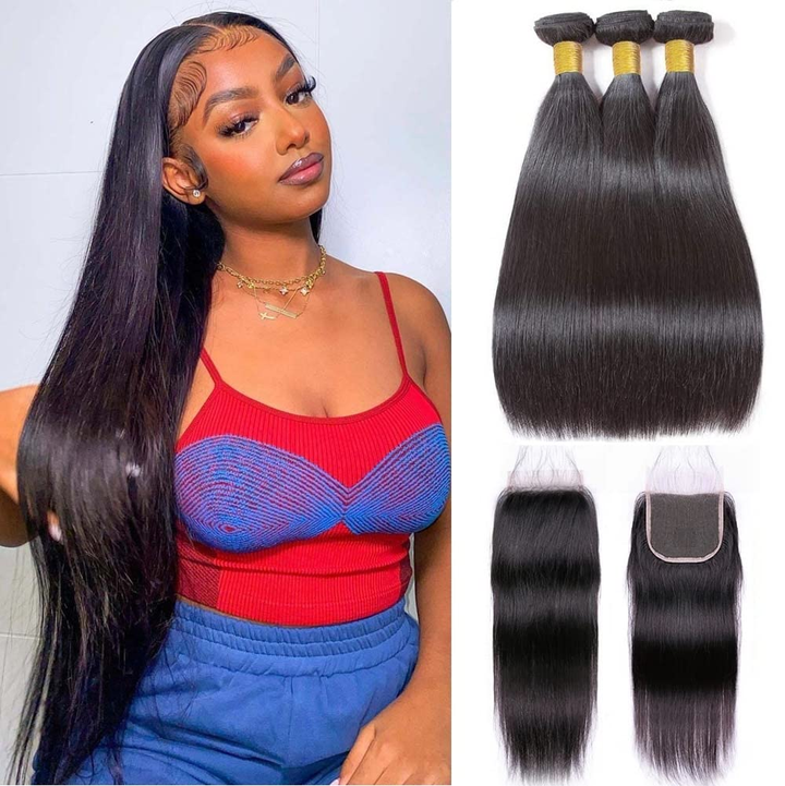 (B2)  3 Bundles Straight With 4x4  Lace Closure Brazilian Human Hair Extension