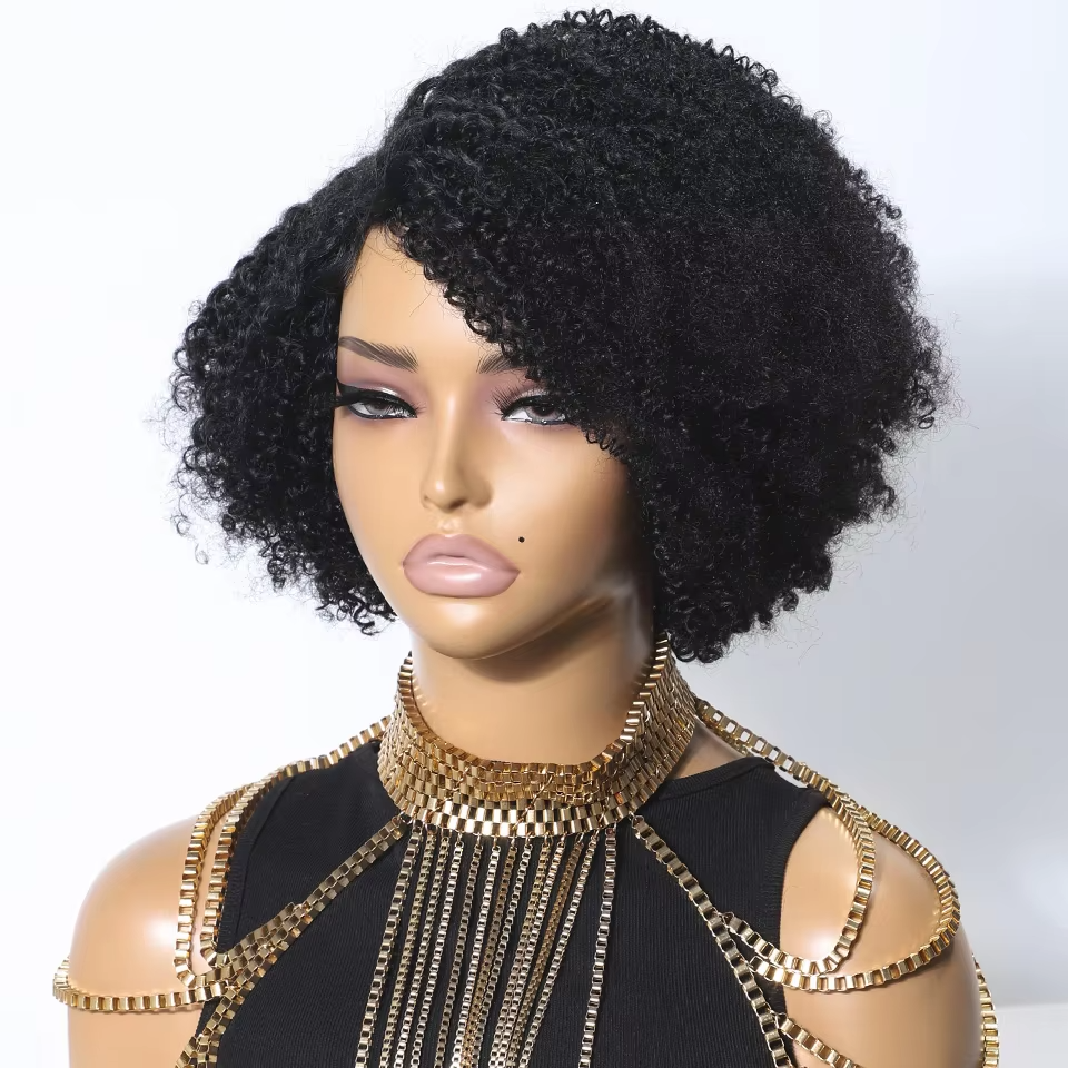 Afro Kinky Curly Human Hair Wigs With Bangs Short Pixie Cut Bob Wig Full Machine Wigs For Women