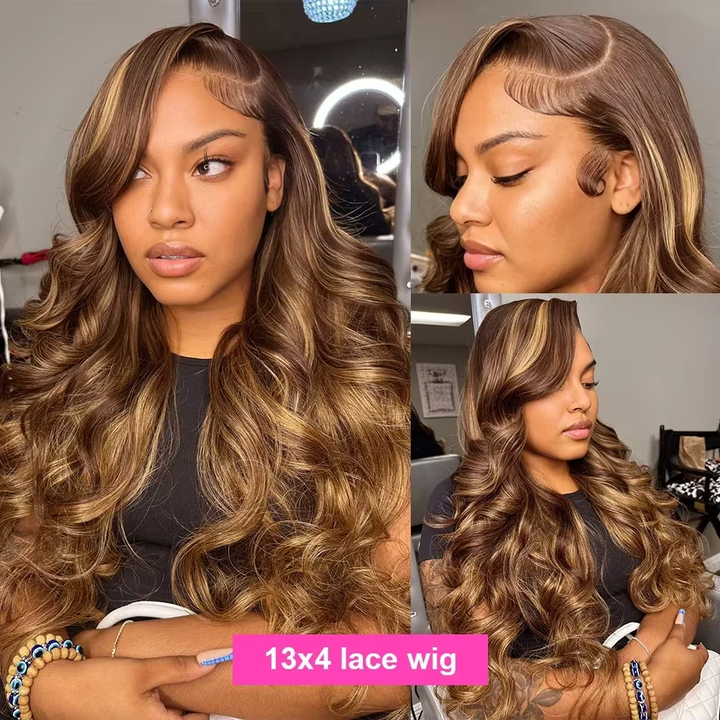 Lumiere 13x4 Body Wave Highlight Lace Front Wig Human Hair P4/27 Colored Wigs Honey Blonde Wigs (No Code Need)