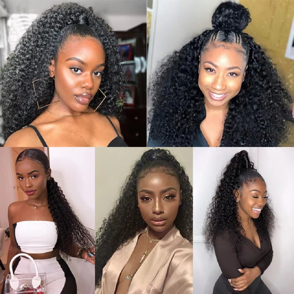 Ship In 24Hours-Lumiere Kinky Curly Ponytail Extension Drawstring Human Hair Clip in for Women160g