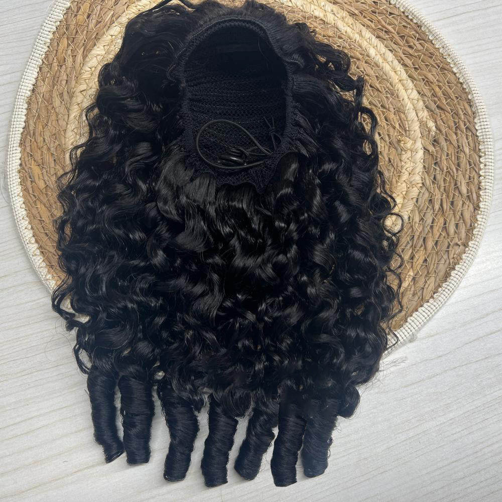 Lumiere Natural Black Burmese Curly Drawstring Ponytail Human Hair with InvisiFit Strap