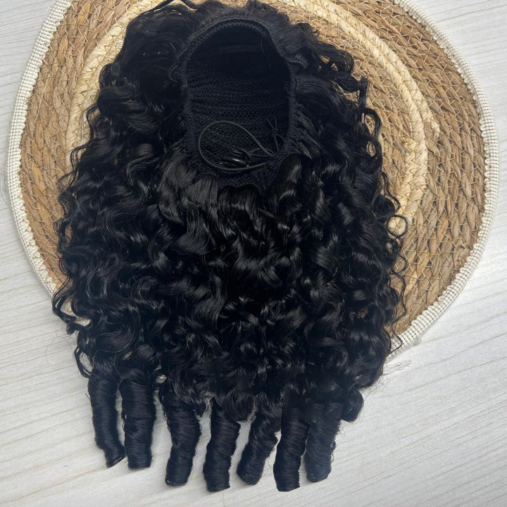 Lumiere Natural Black Burmese Curly Drawstring Ponytail Human Hair with InvisiFit Strap