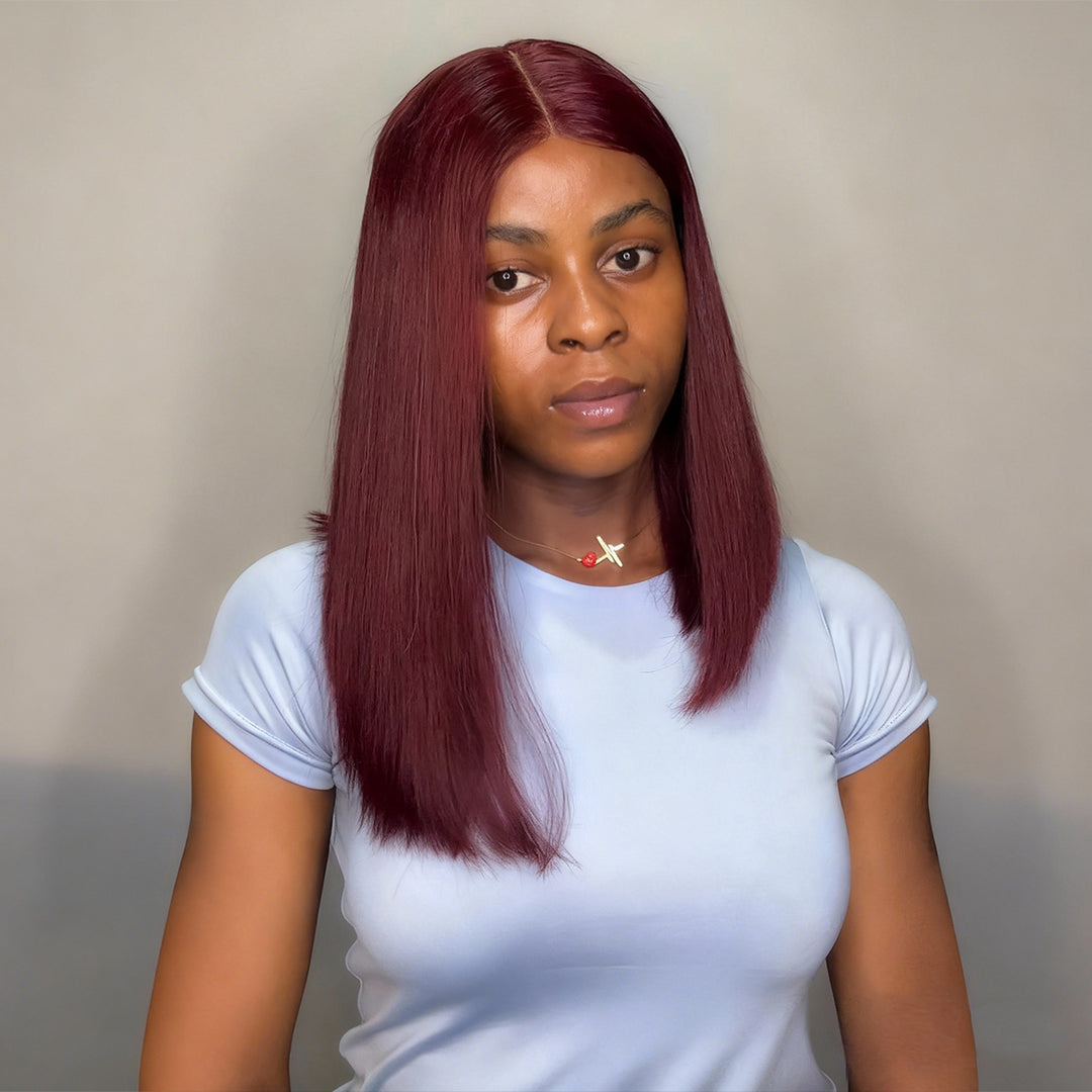 Lumiere Blunt Cut Bob Wig 2x6/13x4 Lace Closure Straight #99J Red Colored Short Bob Human Hair Wigs 220% Density