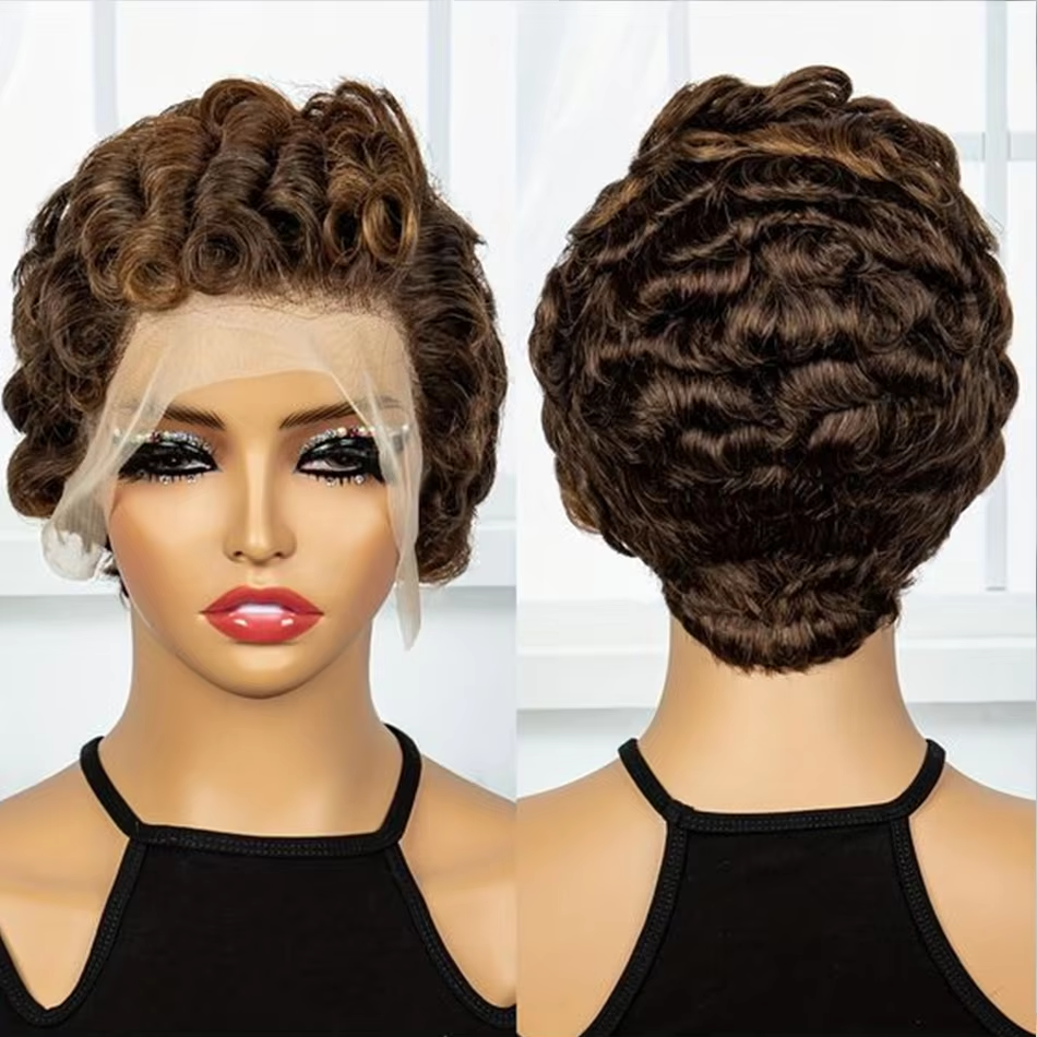 New Pixie Cut Bouncy Curly Cut Short Bob Human Hair Wigs Transparent  Lace Front Wig