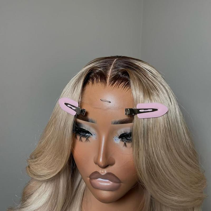 Gray Blonde With Root 4 Brown Lace Front Body/Straight Wave Human Hair Wigs  Root4/Gray Blonde Silky Human Hair Wig 200% Density