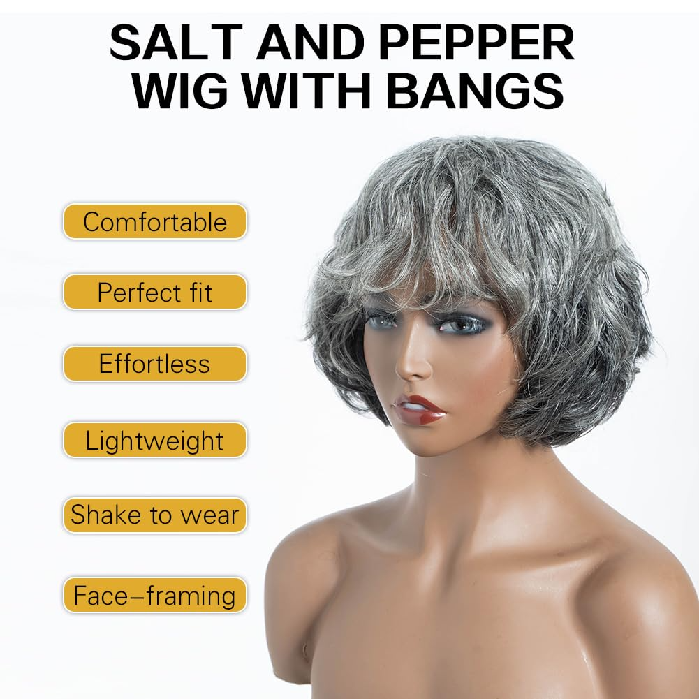 Brazilian Salt And Pepper Remy Hair Short Silver Gray  Bob Human Hair Wigs For  Women Remy Hair Bangs Wigs Full machine made wigs