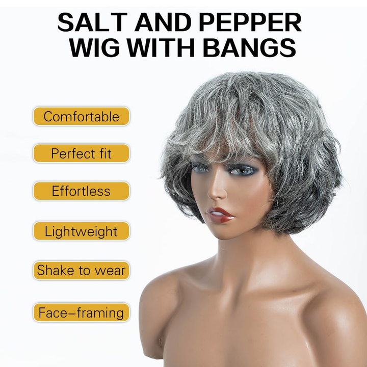 Brazilian Salt And Pepper Remy Hair Short Silver Gray  Bob Human Hair Wigs For  Women Remy Hair Bangs Wigs Full machine made wigs