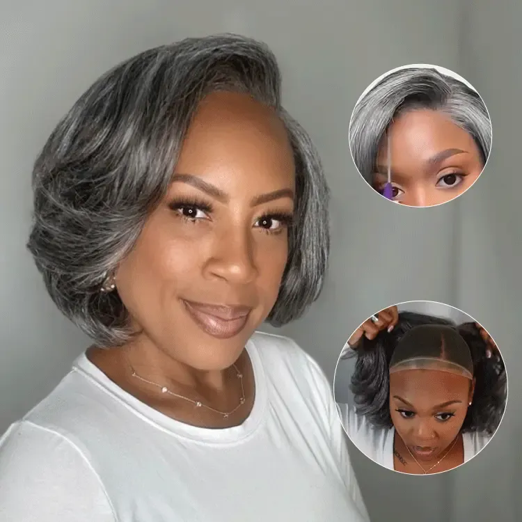 Lumiere Ready To Go Salt & Pepper Layered Bob Pre-Cut Left C Part 4x6x1 Lace Frontal Grey Wig Human Hair