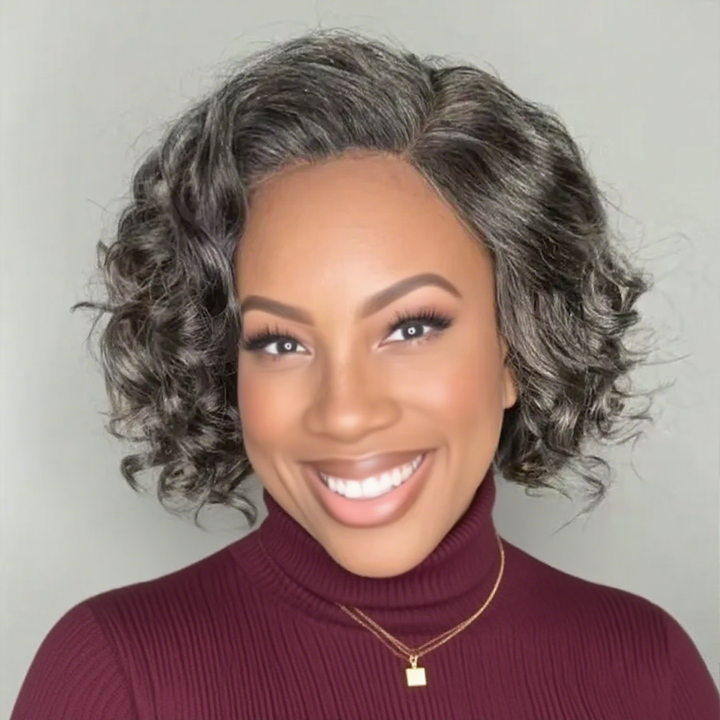 Lumiere Ready To Go Pre-Cut Salt & Pepper Body Bob Wig For Women Left C Part 4x6x1 Lace Frontal Grey Bob Wig With Natural Hairline