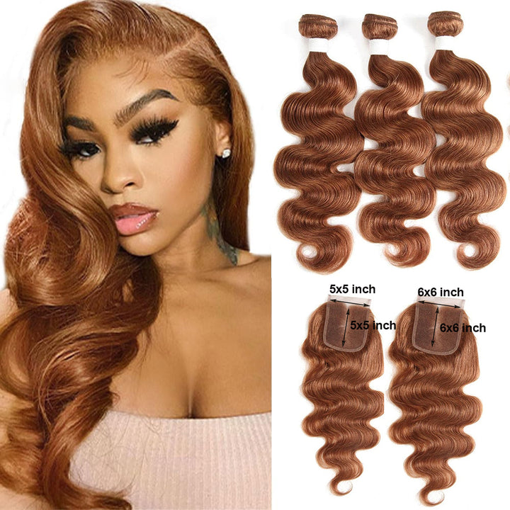 #30 Brown Colored Body Wave Human Hair 3 Bundles with 5x5/6x6 Closure Raw Human Hair Bundles Extensions Unprocessed 100% Real Human Hair