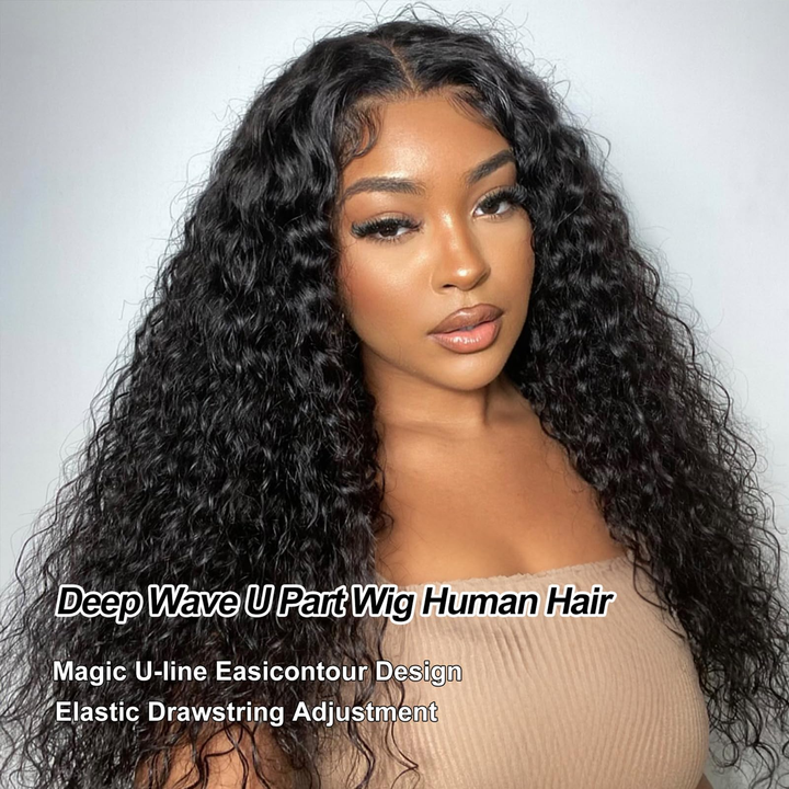 U Part Wig Human Hair Wig Deep Wave Human Hair Wigs Natural Black