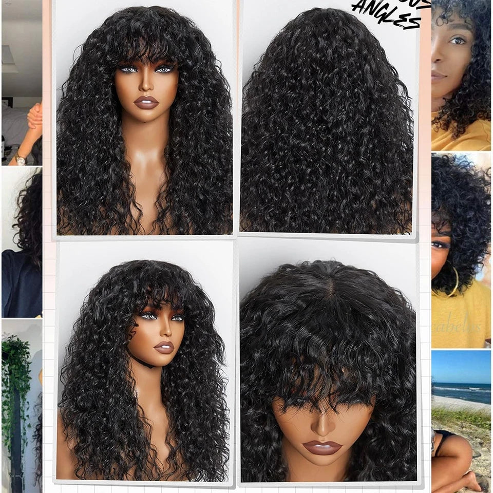 Lumiere Water wave Wig with Bangs Brazilian Virgin Glueless Human Hair Machine Made None Lace Wigs for Black Women HDZ