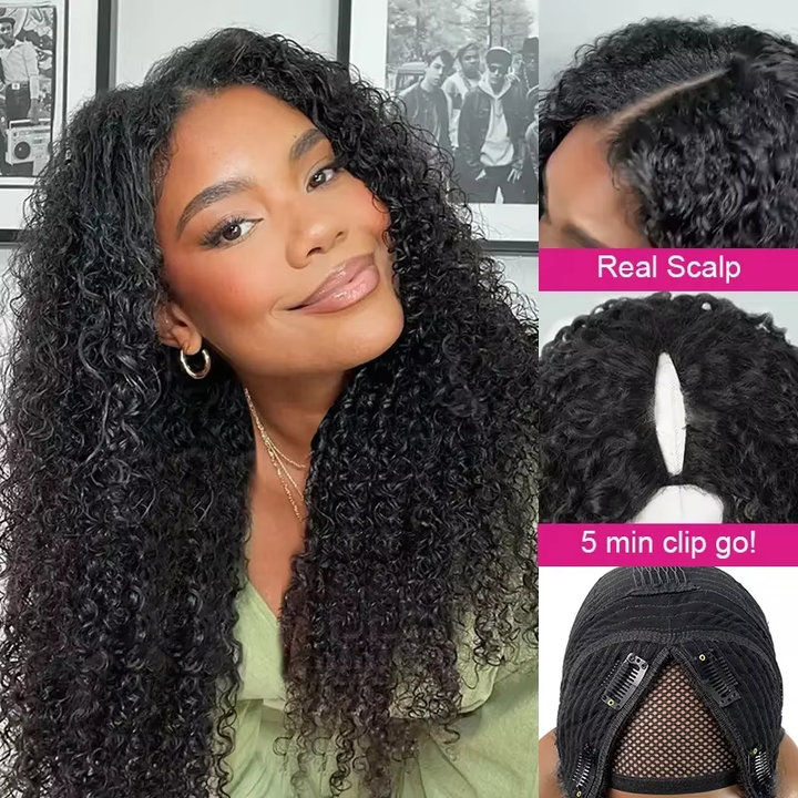 New V Part Kinky Curly No Leave Out Brazilian Remy Human Hair Wigs For Women