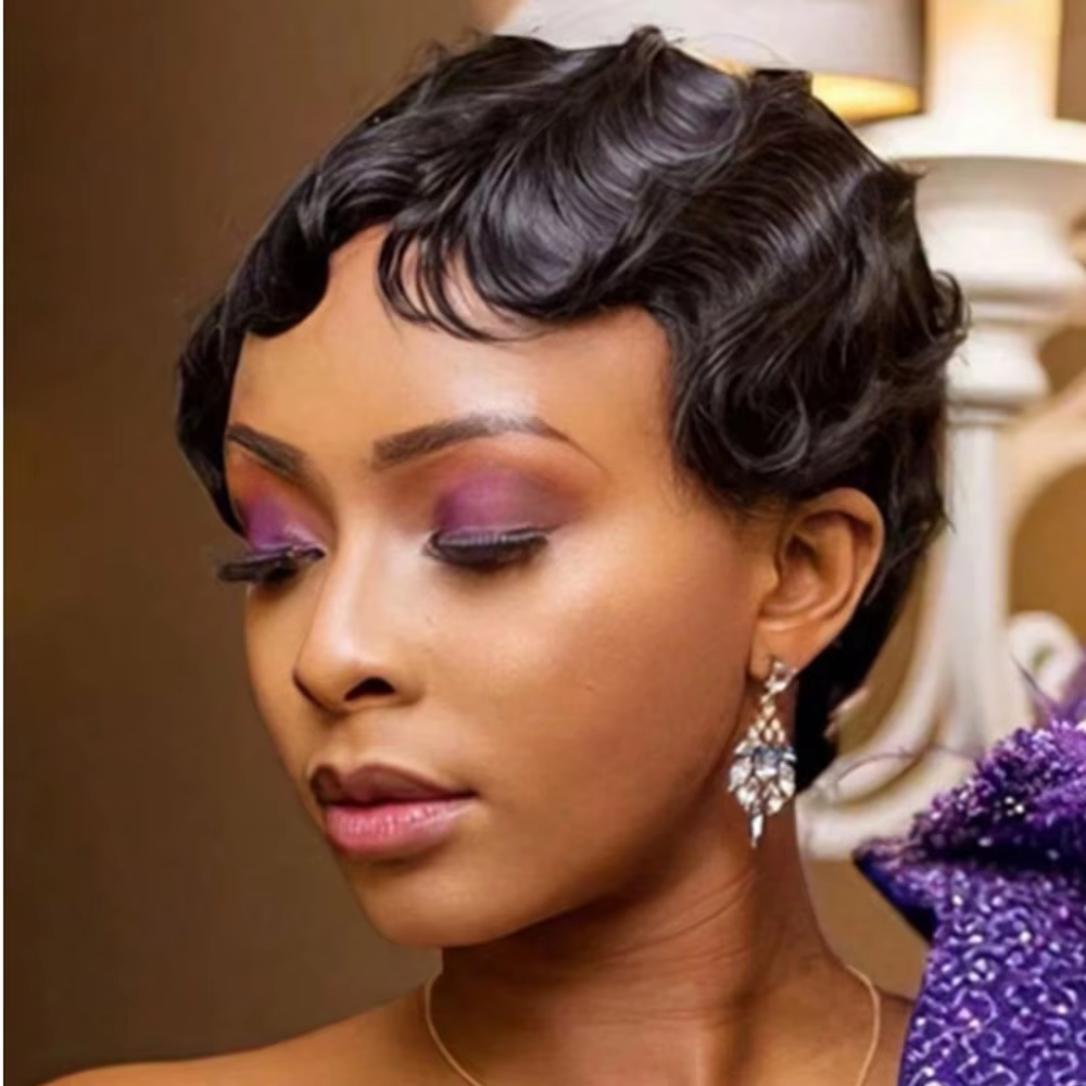 Pixie Cut Finger Wave Short Bob 4inhc Full Machine None Lace Wigs 100% Human Hair