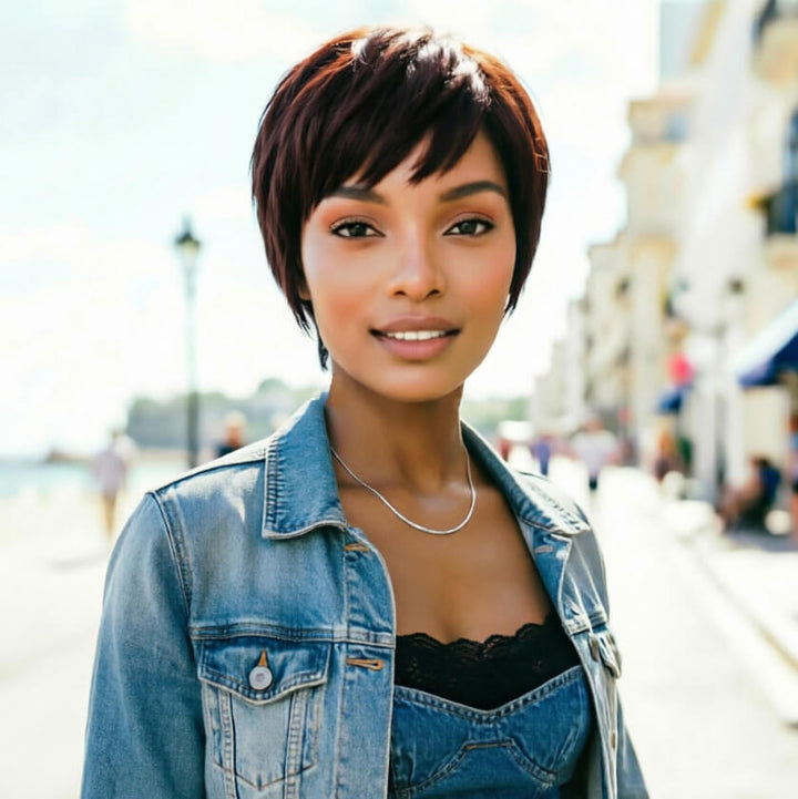 # 2 Pixie Cut Straight Short Bob pour les femmes Full Machine Made Wig With Bangs Human Hair 