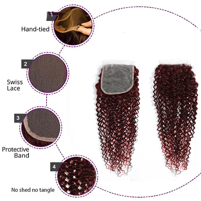 Red Bundles #99j Kinky Curly 3 Bundles With 4X4 Lace Closure For Women Human Hair
