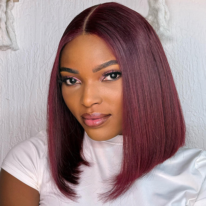 Lumiere Blunt Cut Bob Wig 2x6/13x4 Lace Closure Straight #99J Red Colored Short Bob Human Hair Wigs 220% Density