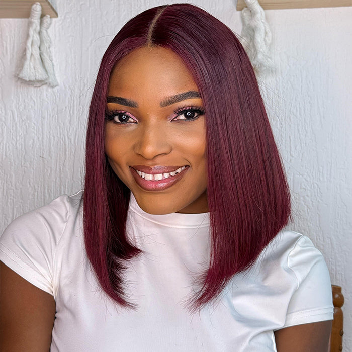 Lumiere Blunt Cut Bob Wig 2x6/13x4 Lace Closure Straight #99J Red Colored Short Bob Human Hair Wigs 220% Density