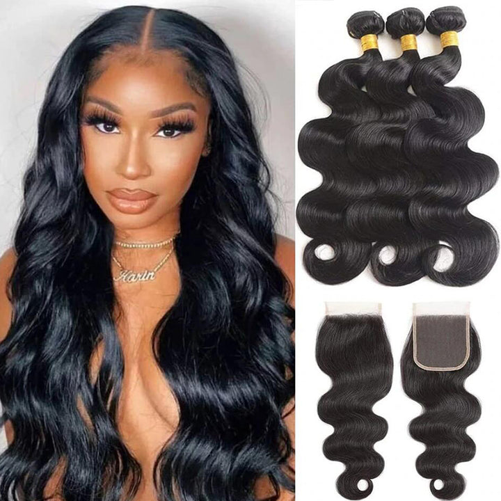 Cheveux brésiliens vague de corps 3 faisceaux avec extension de cheveux humains de fermeture 4x4 pour les femmes noires