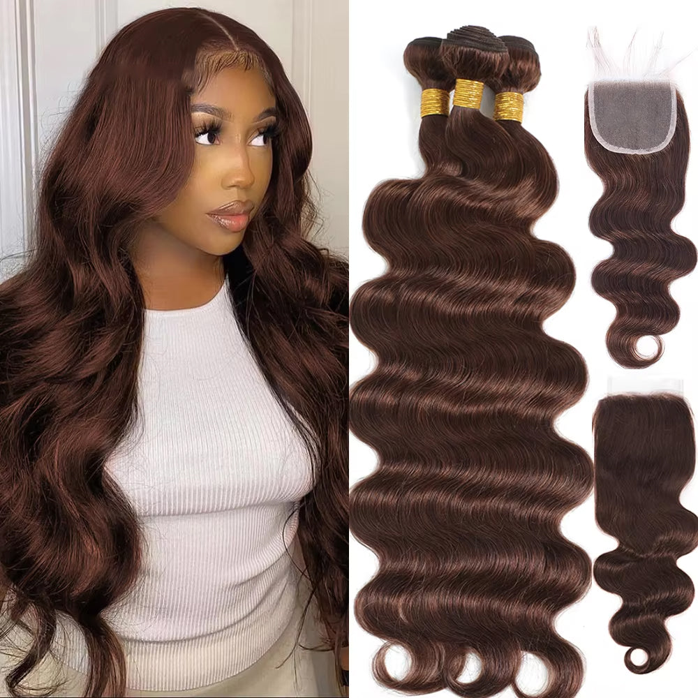 #4 Brown Body Wave 3 Bundles avec 4X4 Lace Closure 100% cheveux humains vierges 