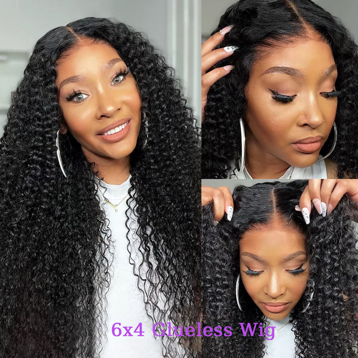 [Glueless Wig] 6X4&4X4 Pre-Cut Glueless Lace Closure Kinky Curly 3D Dome Cap 100% Human Hair Natural Color Wig