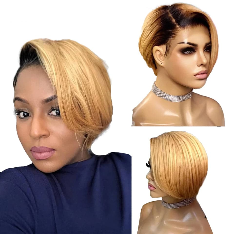 Big Sale：$ 138.8=Pixie Cut 13x4x1 T Lace Front Short Wig:Natural Color+T/27 Color