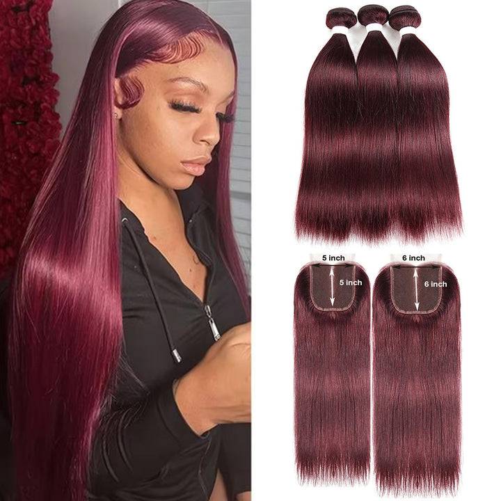 #99J Red Straight Human Hair 3 Bundles With 5x5/6x6 Lace Closure Brazilian Virgin Remy Human Hair Burgundy for Black Women