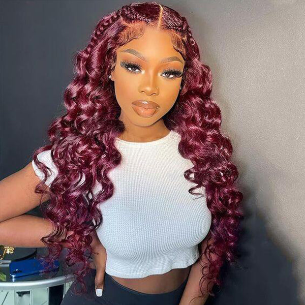 $150=26'' 13x4 Lace Wig丨99J Loosedeep Wave 13x4 HD Lace Human Hair Wig (No Code Need)