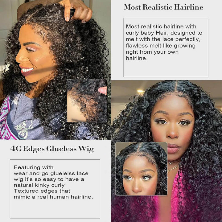 Glueless 4C Edges Water Wave Hair Invisible HD Lace Front Human Hair Wigs With Curly Edges