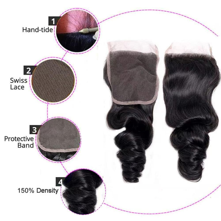 (B2)  4 Bundles Loose Wave With 4x4 Lace Closure Brazilian Hair Wave Bundles With Closure Natural Human Hair