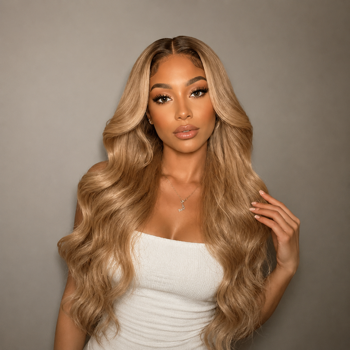 Lumiere 200% Density Body Wave Root4/Ash Blonde 13x4 Lace Front Wig Human Hair Wigs（Natural #1B Colored）