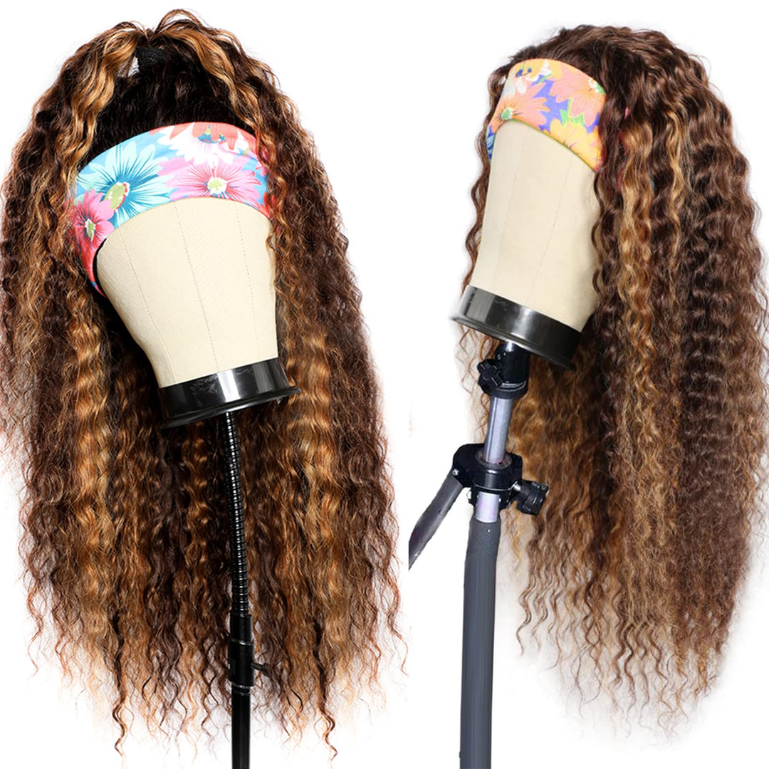 Honey Blonde Highlight #4/27 & #4/30 Color Kinky Curly Headband Wig Human Hair Wigs