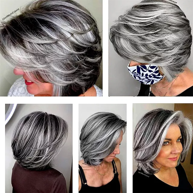 Silver Gray Wavy Short Wig Salt And Pepper 8 Inch Human Wigs Full Machine for Women