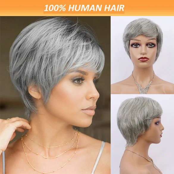 Brazilian Salt And Pepper Highlights Grey Machine Made Wigs 100% Human Hair Wigs Natural Hair 6 inch
