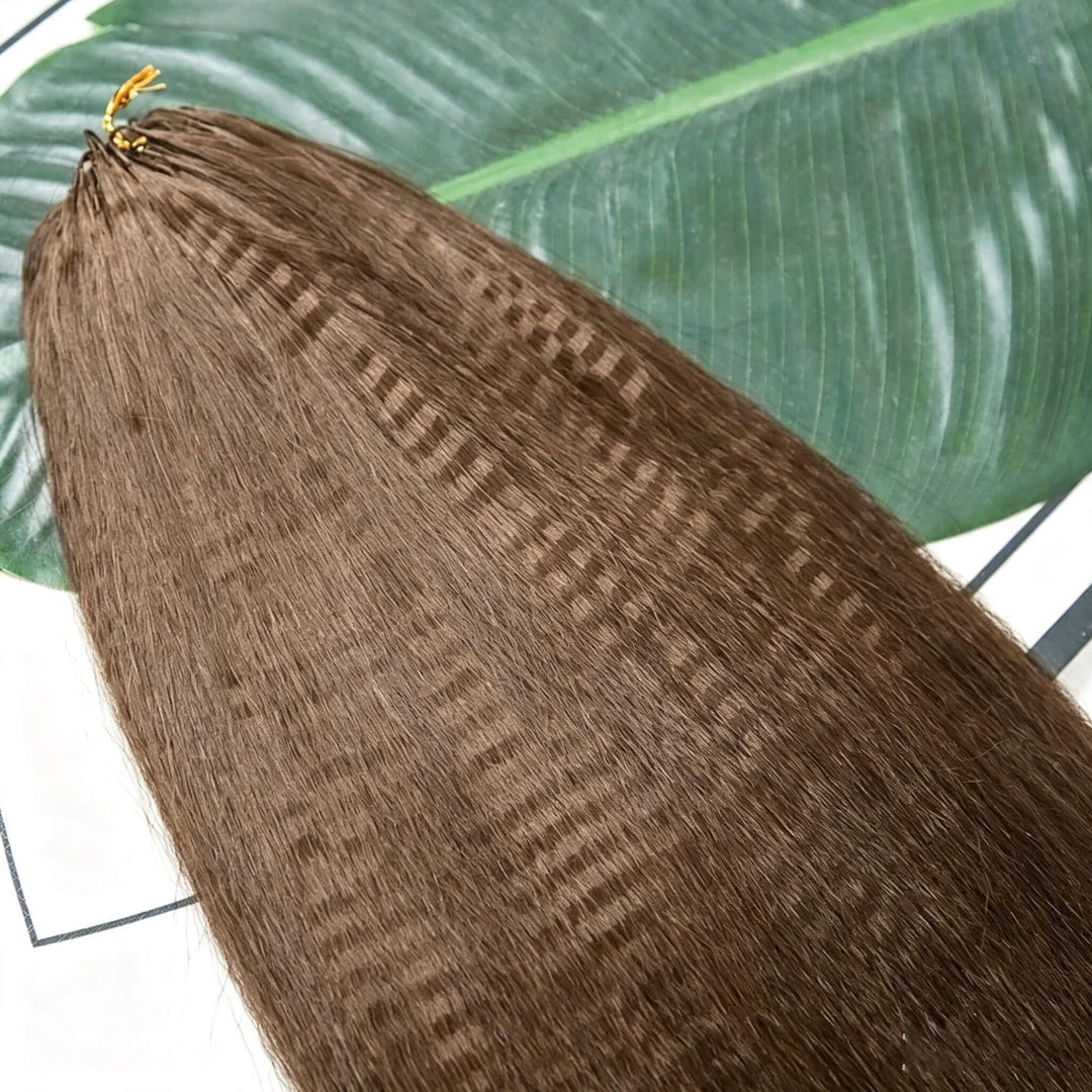 Yaki Straight #4 Brown Feather Crochet Micro Ring Loop Soft Human Hair Kinky Straight Extension For Black Women