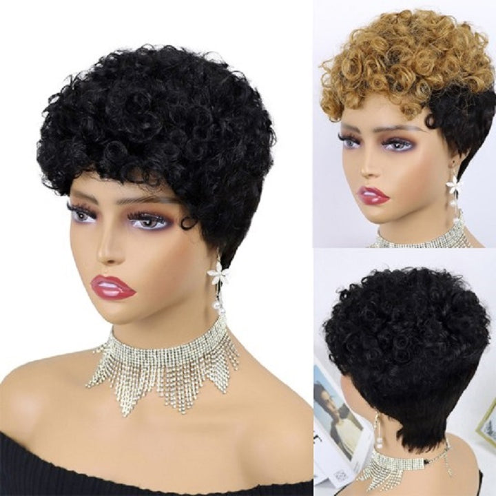 New Pixie Cut Short Human Hair Top Color Made Full Machine Wigs Curly Hair for Women