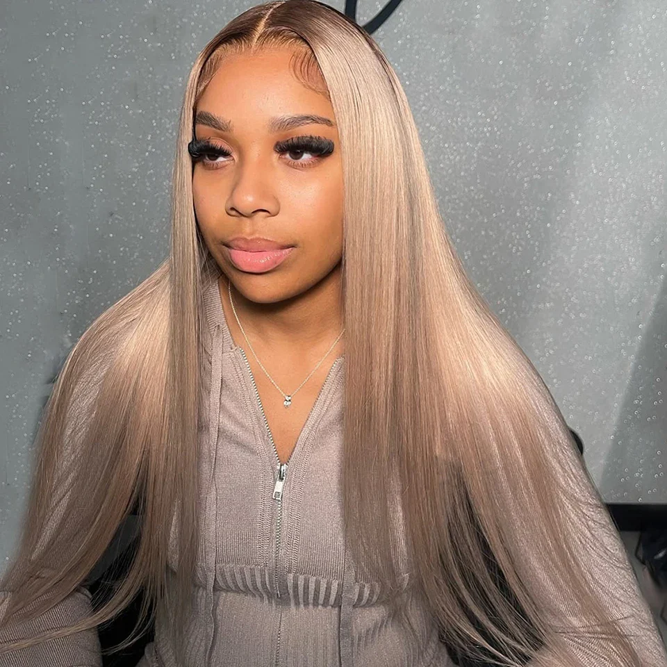 Pink Blonde With Brown Root 4 Ombre Lace Front Wigs Silky Straight/Body Root4/Pink Blonde Human Hair Wig 200% Density