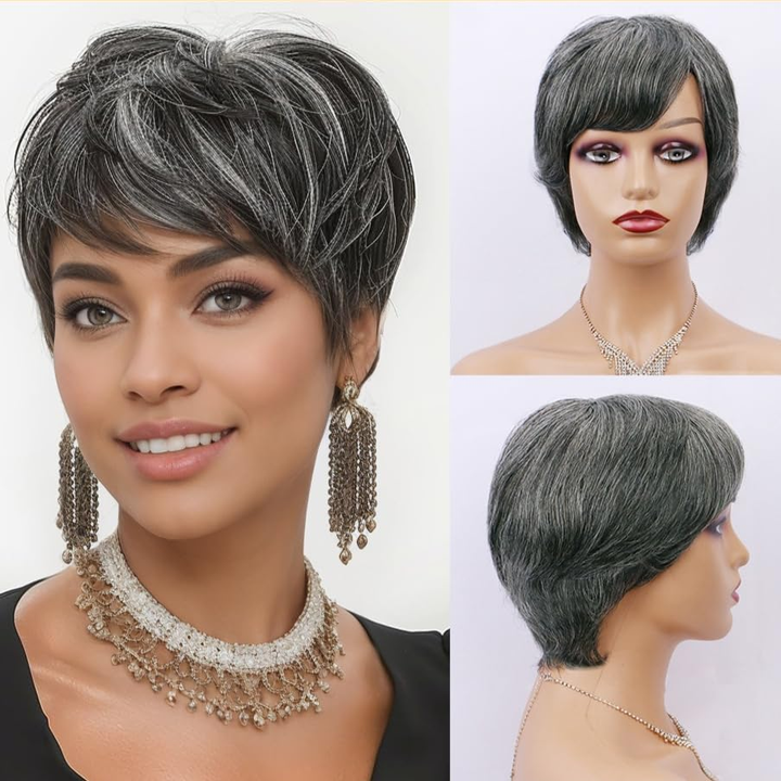 Brazilian Salt And Pepper Highlights Grey Machine Made Wigs 100% Human Hair Wigs Natural Hair 6 inch