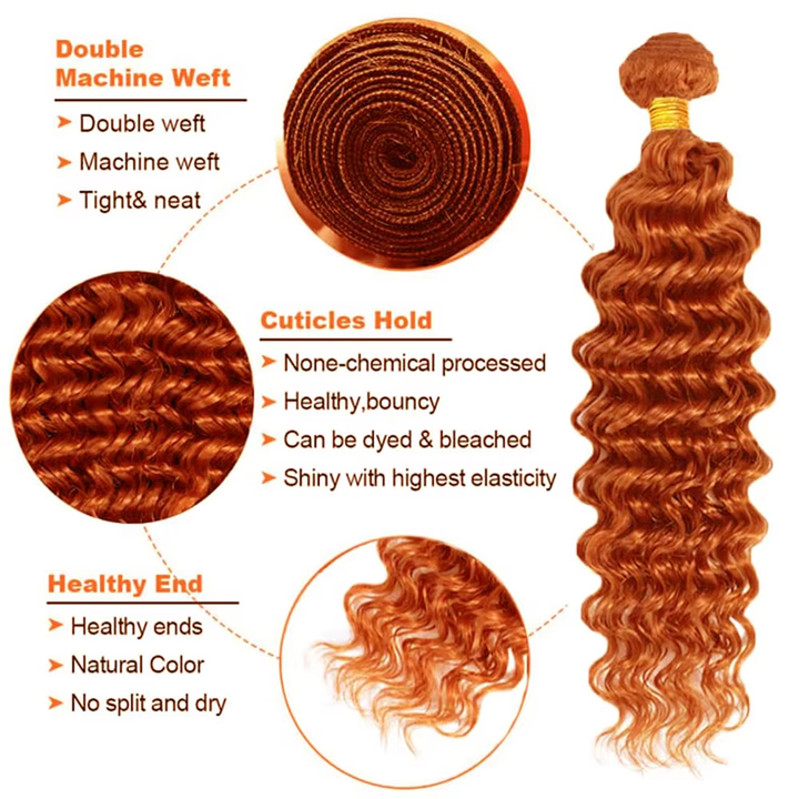 #350 Ginger Color Deep Wave 4 Bundles Remy 100% Cheveux Humains 