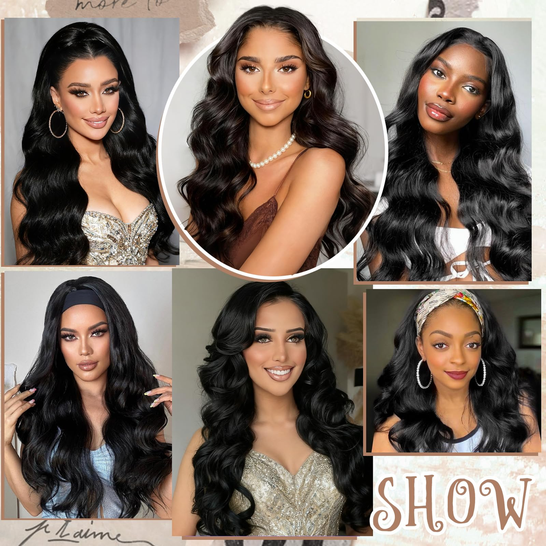 [3 In 1 Half ] Half Wig Body Wave Black Color Glueless Wigs for Black Women Wear and Go Hair Wigs Beginner Friendly