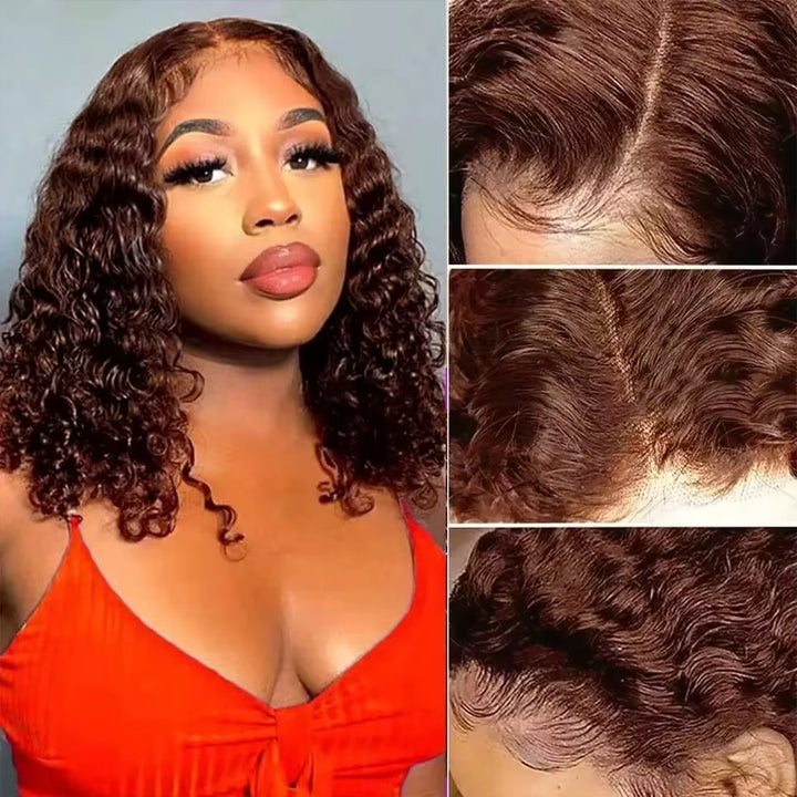 Chocolate Brown Water Wave Short Bob 13X4 Lace Frontal Wig