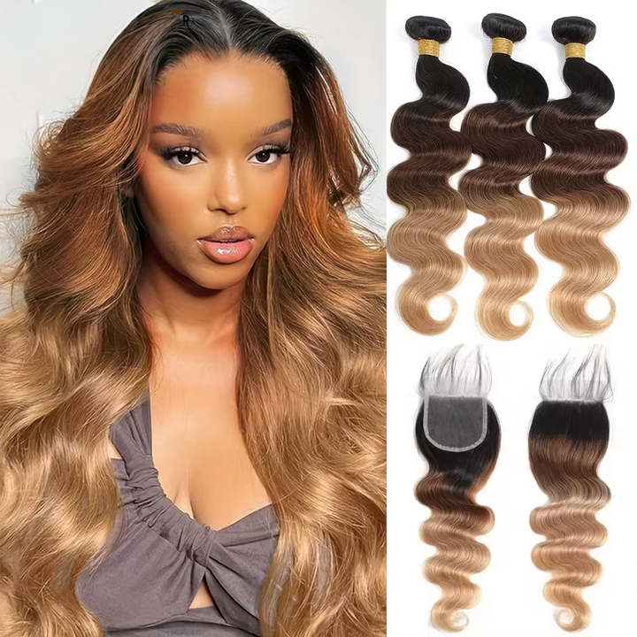 Indian Ombre 1b/4/27 Body Wave 3 Bundles with 4X4 lace Closure