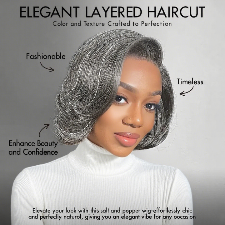 Lumiere Ready To Go Salt & Pepper Layered Bob Pre-Cut Left C Part 4x6x1 Lace Frontal Grey Wig Human Hair