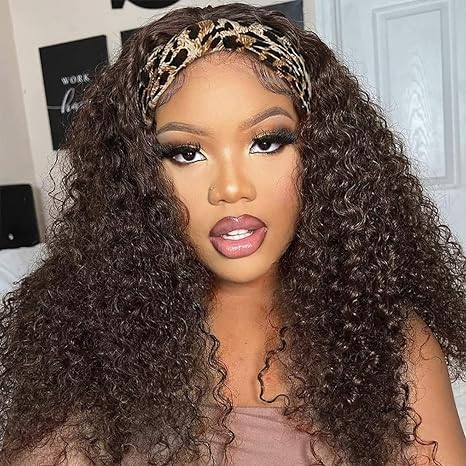 Chocolate Brown Kinky Curly Headband Wigs Human Hair Wigs for Black Women