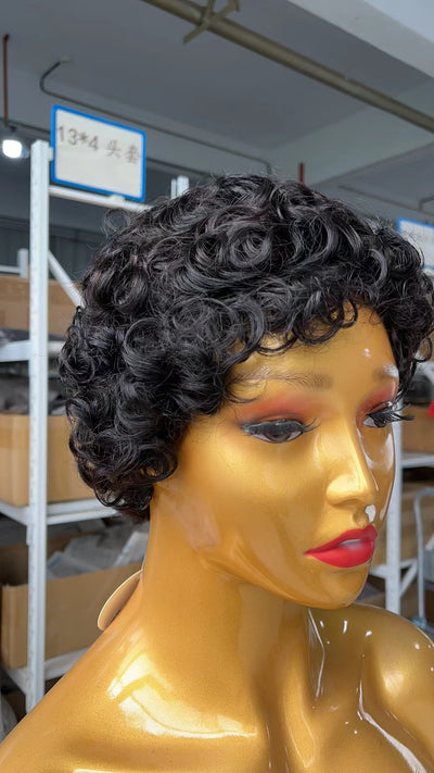 Pixie Cut Curly Bob 100% Human Hair Full Machine Made No Lace Gift Wigs